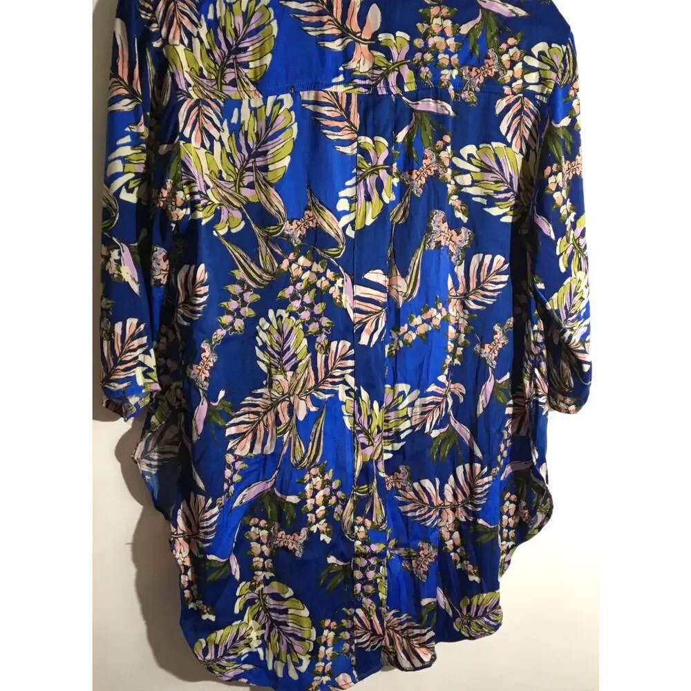 Free People Under The Palms Women's Size XS Blue Palms Floral Button Up Blouse
